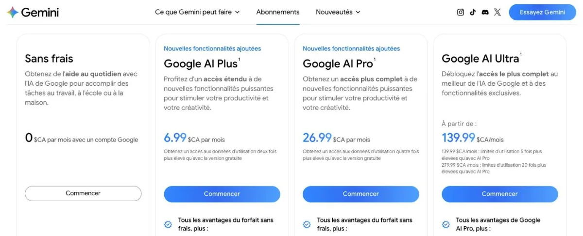 Prix de Google AI Plus, Pro et Ultra en dollars canadiens sur la page des forfaits Gemini de Google au Canada, octobre 2026
