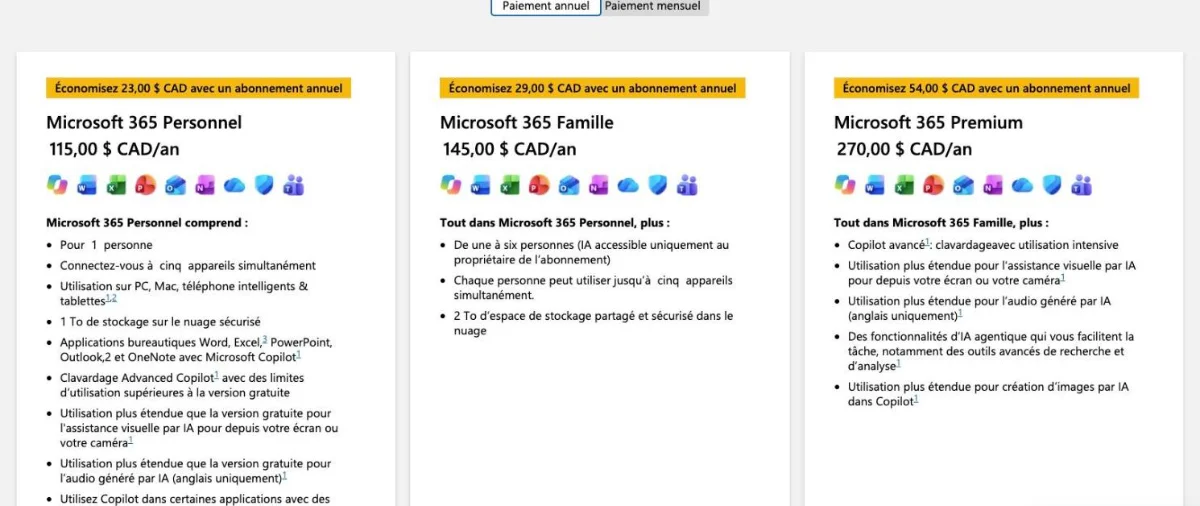 Prix de Microsoft 365 Personnel, Famille et Premium en dollars canadiens sur la page de comparaison des forfaits de Microsoft Canada, octobre 2026