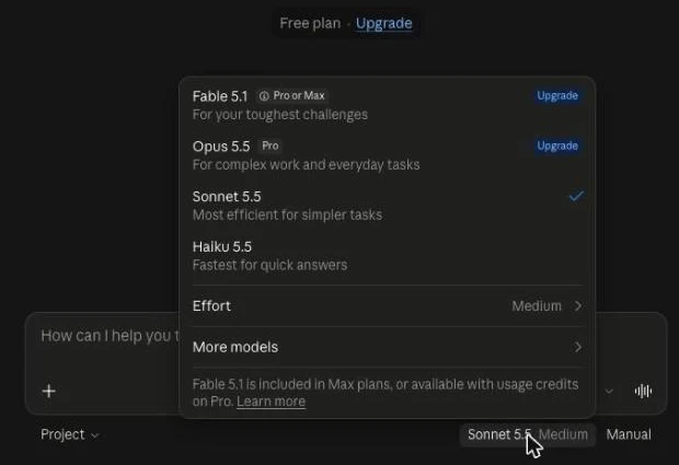 Claude free plan model menu: Sonnet 5.5 and Haiku 5.5 available, Opus 5.5 and Fable 5.1 locked
