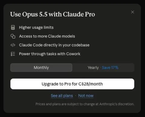 Claude Pro upgrade pop-up on a free account showing C$28 a month