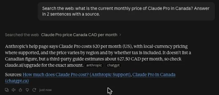 Claude free plan running a web search and citing sources