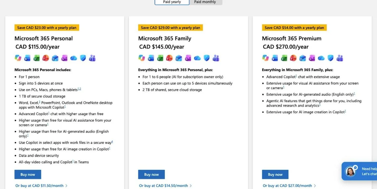Microsoft 365 Personal, Family and Premium prices in CAD on Microsoft's Canadian plan comparison page, October 2026