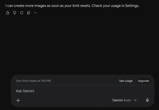 Gemini message: I can create more images as soon as your limit resets