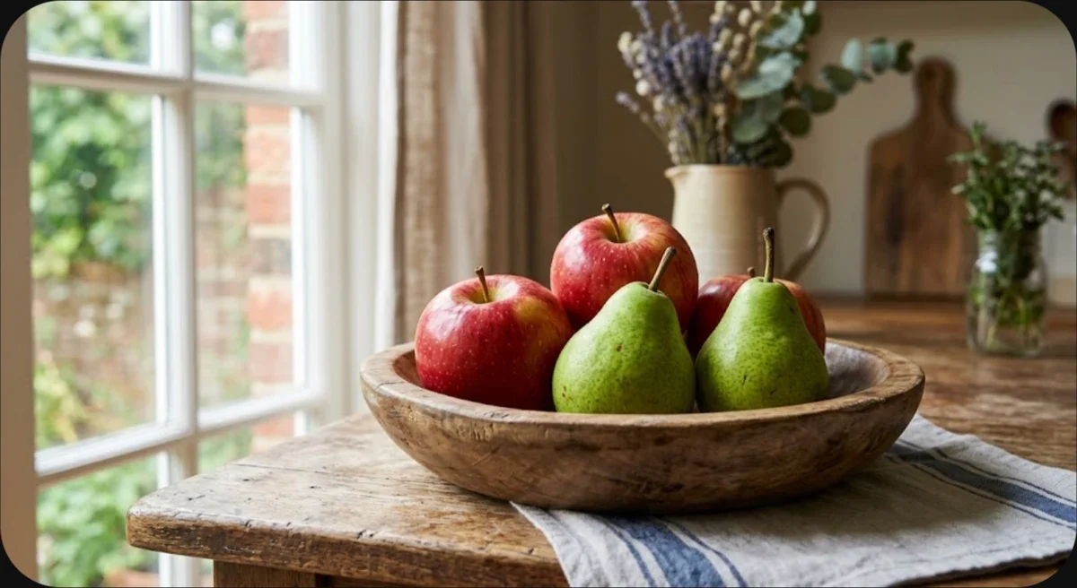 Gemini free plan image of a wooden bowl with exactly 3 apples and 2 pears