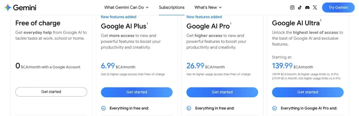 Google AI Plus, Pro and Ultra prices in CAD on Google's Canadian Gemini plans page, October 2026