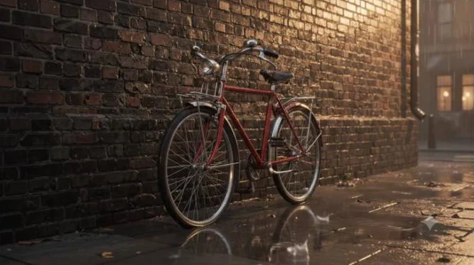 Frame from a free Google Vids Veo clip of a red bicycle by a brick wall on a rainy evening