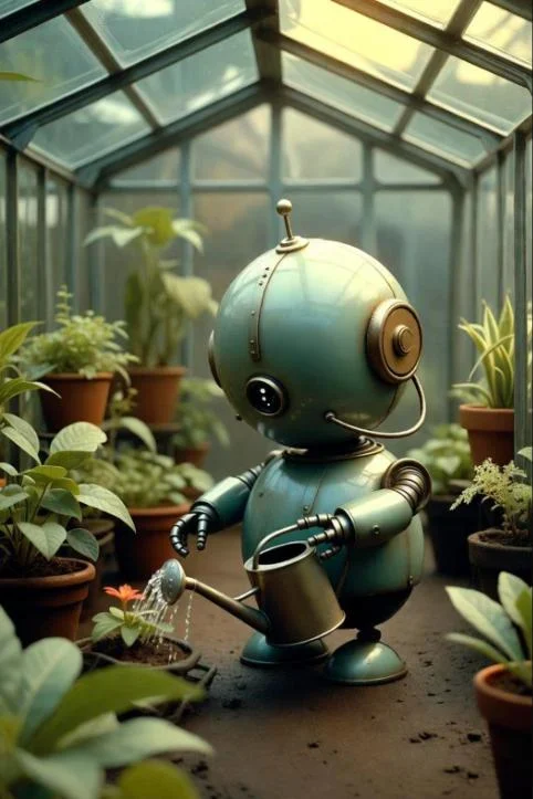 Robot watering plants in a greenhouse made by Grok Imagine free account