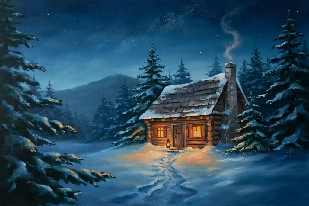 Snowy mountain cabin at night painted by Ideogram 4.5 on the free plan